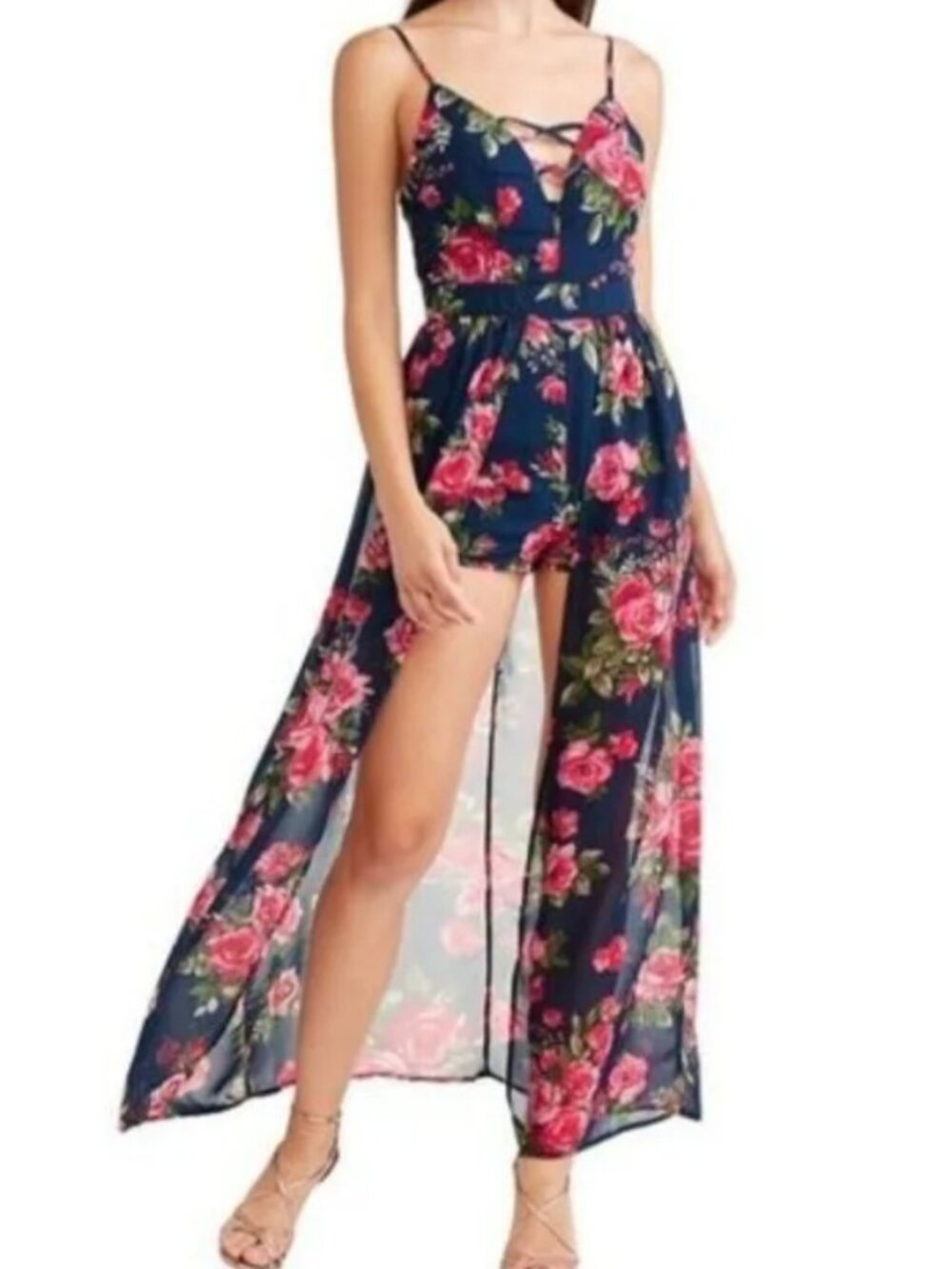 Toxik3 Navy Floral Romper Maxi Cape Overlay Jumpsuit M